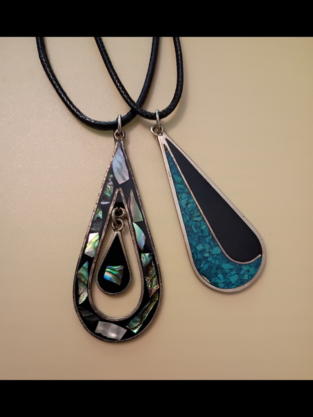 2 Vtg Rare Teardrop Necklaces Turquoise & Abalone 17" Leather V.Good Cond Nice!